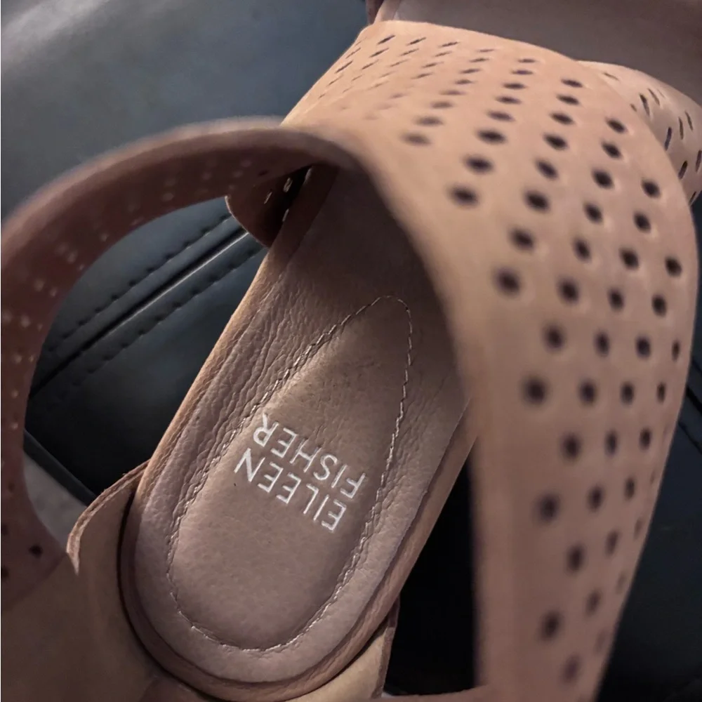 Eileen Fisher Sandals The Voice Perforated Camel Suede Comfort Wedge Size 6.5. - Picture 2 of 8
